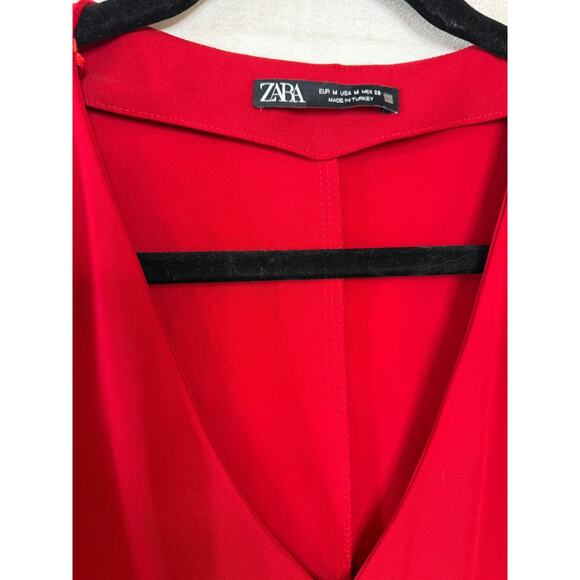ZARA Red Sz M Long Sleeve Dress Ruffles V Neck Holiday Party Flirty FUN - Picture 4 of 5